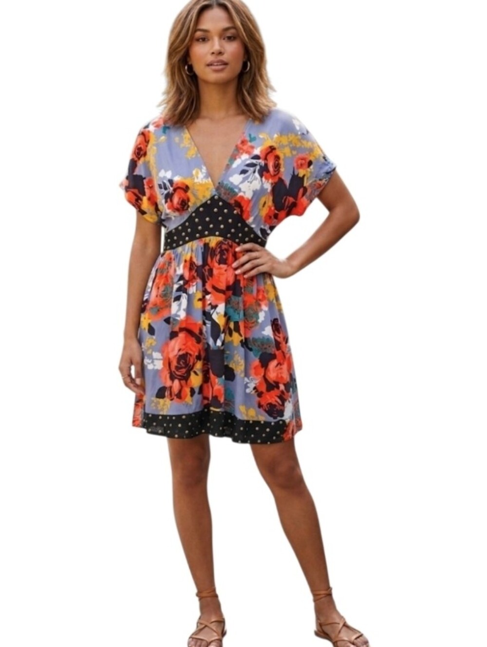 Angie Floral Short Sleeve Smocked Mini Dress - Coral, Yellow & Blue